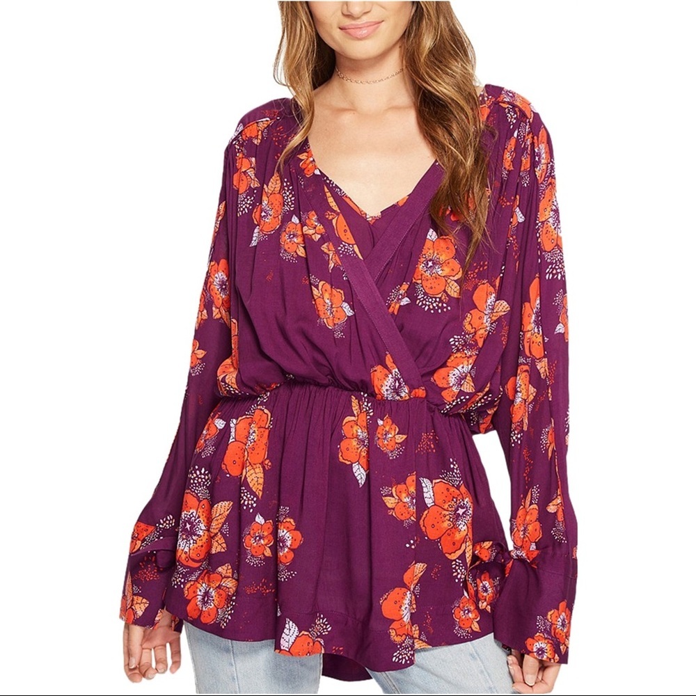Free People Purple Floral Tuscan Dreams Cottagecore Tunic Blouse 4741